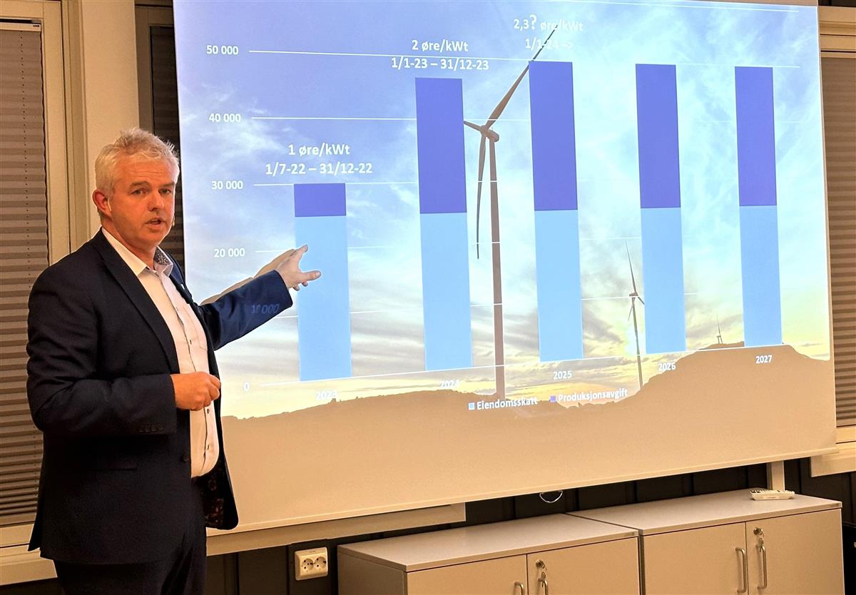 Kommunedirektør Ørjan Daltveit presenterer budsjettet, viser grafer over vindinntekter - Klikk for stort bilde
