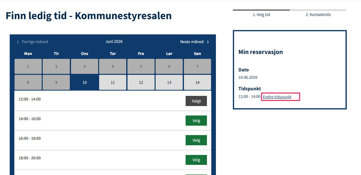 Trykk "Endre tidspunkt" når du gjør booking - Klikk for stort bilde